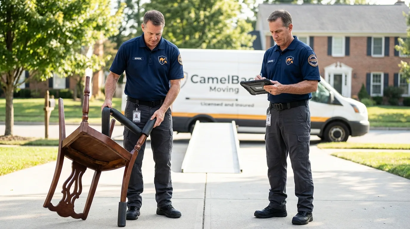 Movers inspecting furniture for damage prevention before loading in Hanover, PA